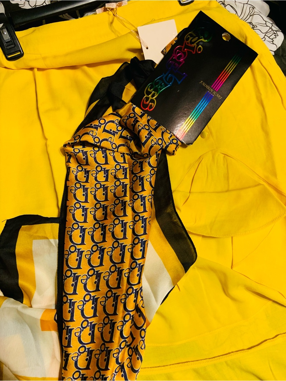 Yellow Silk Scarf with Navy Monogram Print